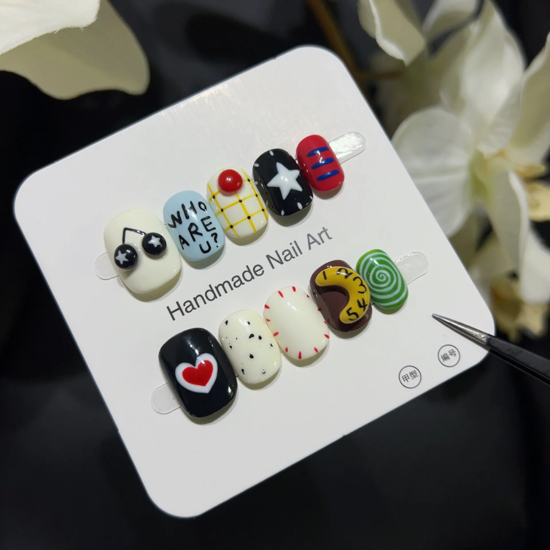 

10 шт. Ins красочные короткие квадратные круглые накладные ногти ручной работы милые крутые узоры граффити с 3D фруктовым прессом на ногтях полное покрытие