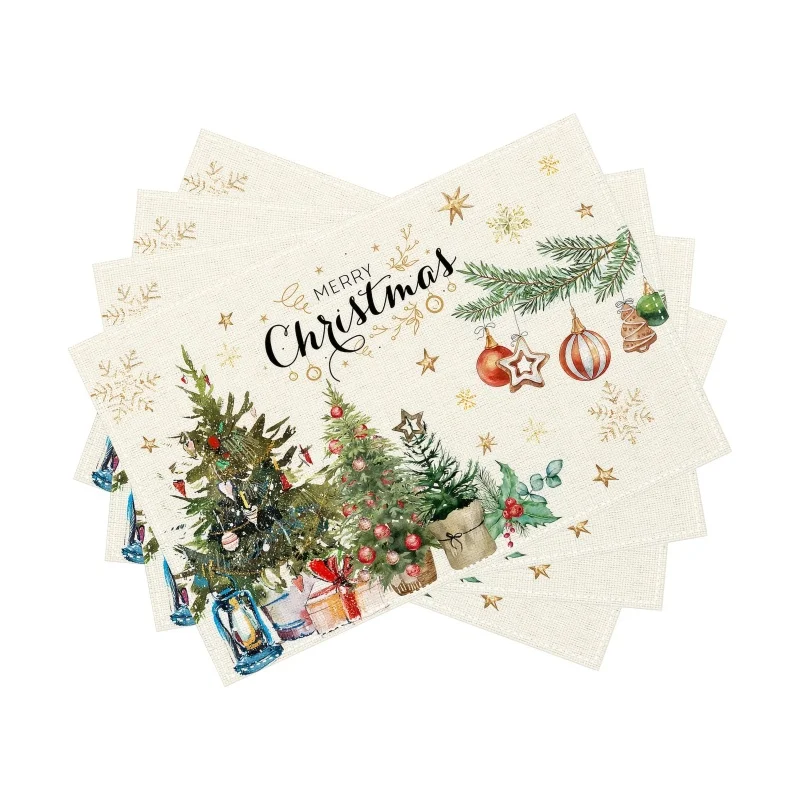 Merry Christmas Tree Placemats, Ornament Star Printed Linen Table Mats, Xmas Holiday Table Home Decor