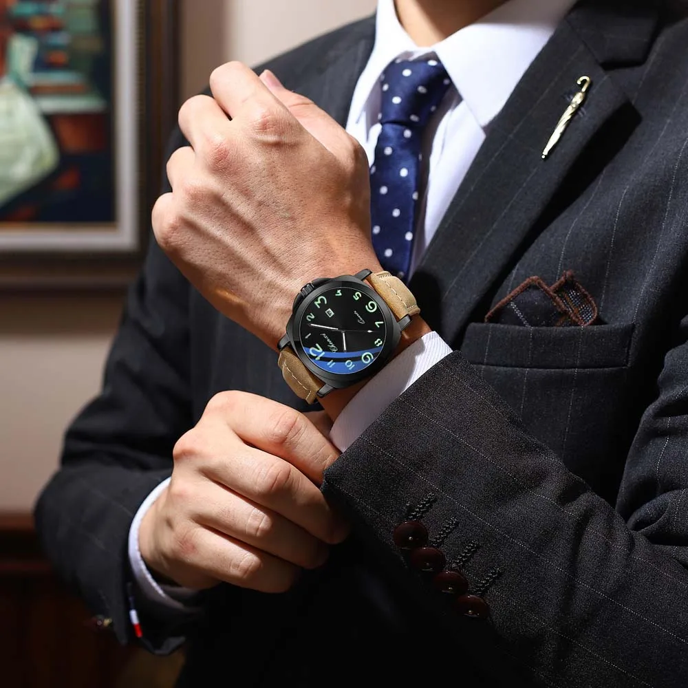 2025 고급 비즈니스 남성용 시계 가죽 밴드 큰 다이얼 남성용 쿼츠 시계 골드 방수 날짜 손목시계 남성용 선물 렐로지오