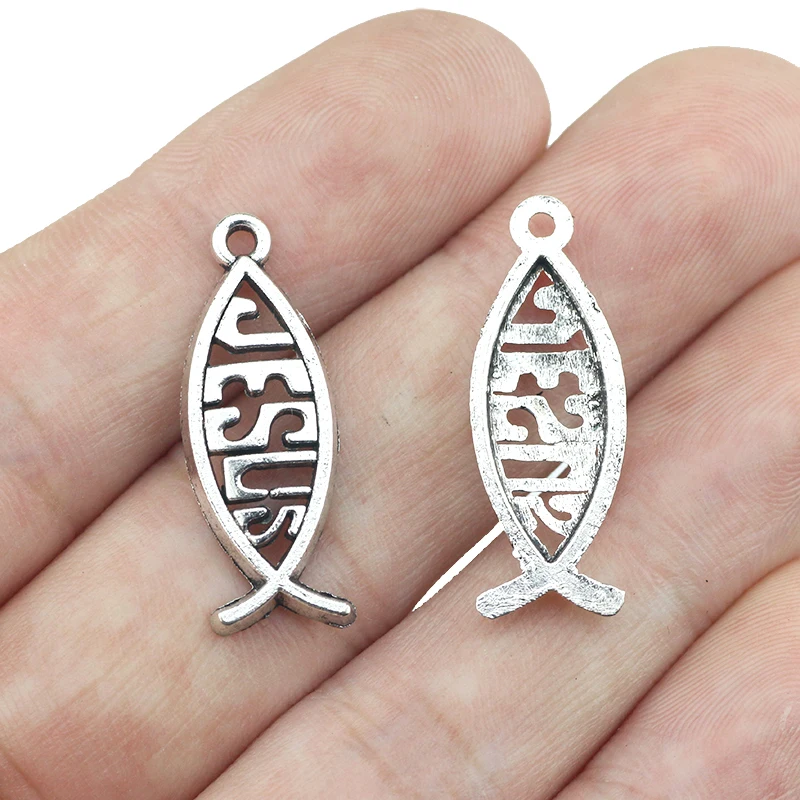 20Pieces/lot 13x23mm Antique Silver /Bronze Color Fish Charms Lettering Jesus DIY Handmade Jewelry