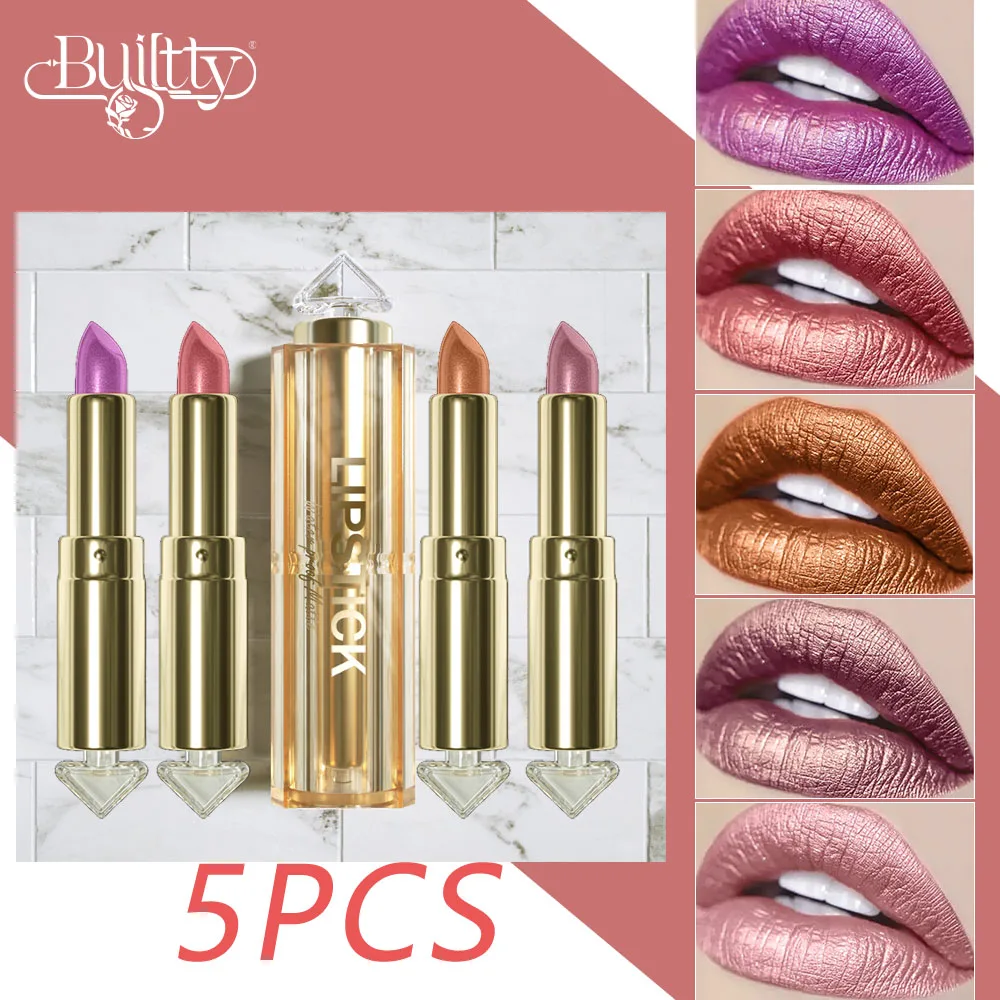 5 Colors Glitter Lipsticks Shimmer Metallic Lip Stick Set Kit Long Lasting Purple Red Matte to Glitter Sparkle Sparkly Lipsticks