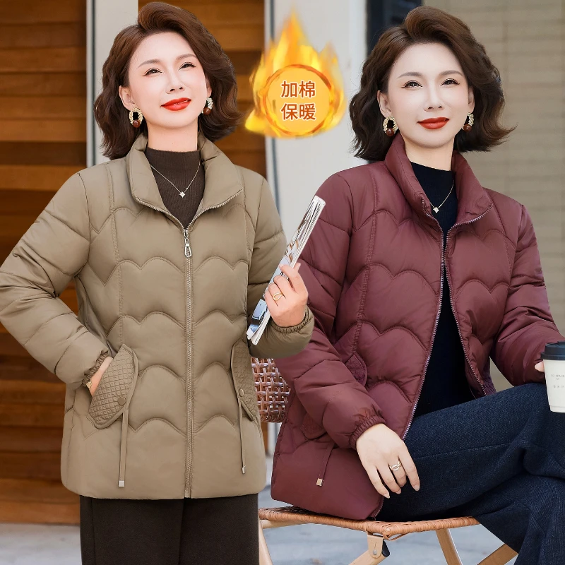 سترة نسائية شتوية مبطنة بلون سادة وياقة واقفة وسحاب معطف مبطن لسترة الأم في منتصف العمر #6