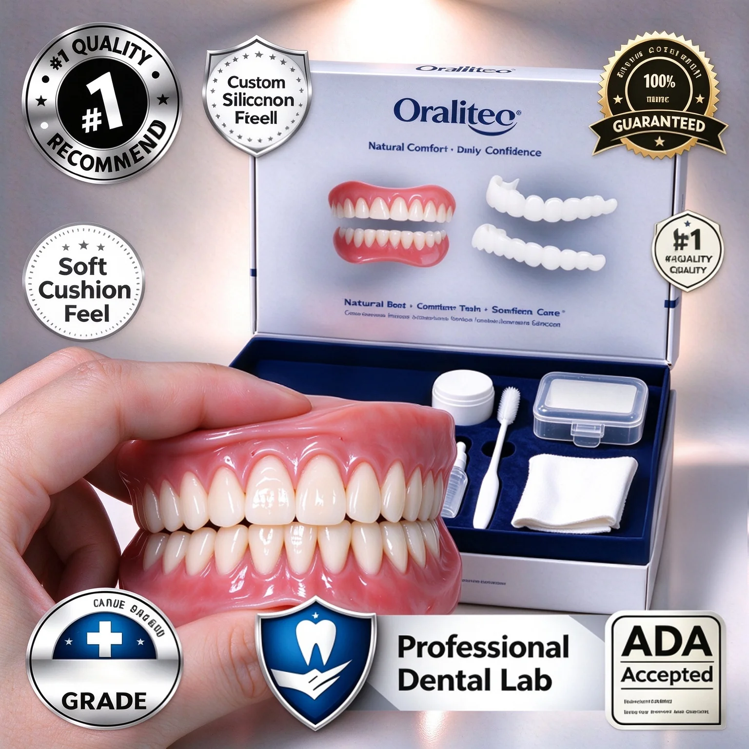 Adjustable Silicone Upper & Lower False Teeth Kit, Natural Bright Veneers, Temporary Comfort Fit Portable Smile Beauty Accessory