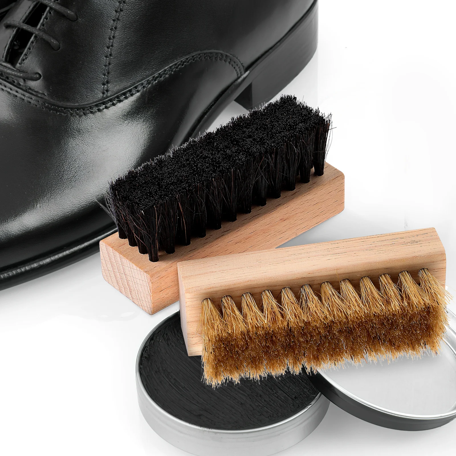 

2 pcs Shoe Set Premium Bristles Comfortable Wooden Handle For Shoes Boots Cleaning Buffing Cloth Included Shoe Brush