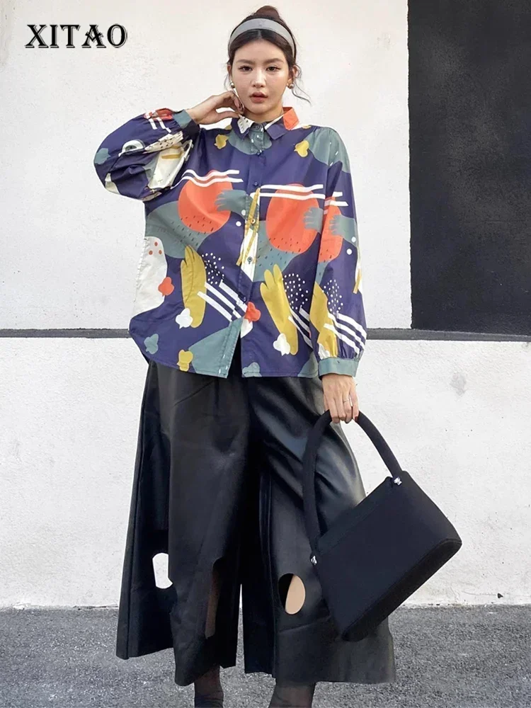 

XITAO Cartoon Print Shirt Collar Single Breasted Shirt Casual Full Sleeve Leisure Japanese Style Autumn Female Blouse GMM1316