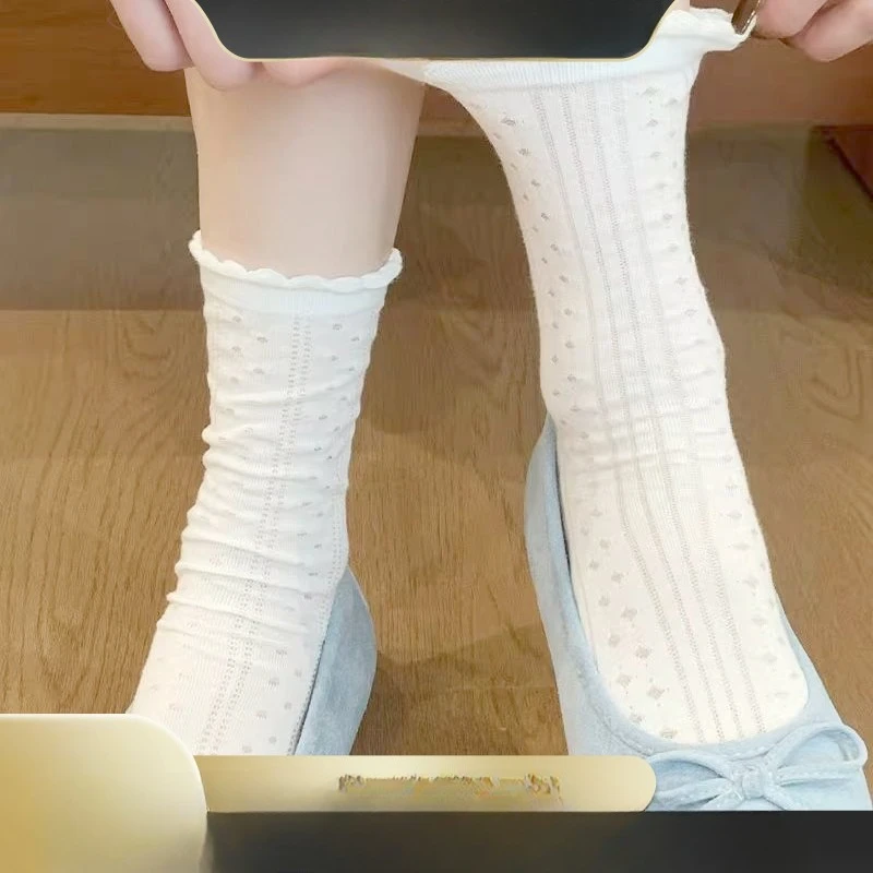 

2 PairsWhite Breathable Ballet Cotton Ankle Socks for Women Stacked Crew Socks