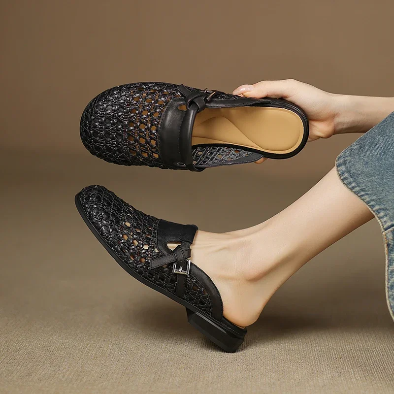 

Новинка 2023 года, летние женские сандалии из натуральной кожи, 22-24,5 см, воловья кожа + плетение + овчина + свиная кожа, женская обувь, мюли, полутапочки