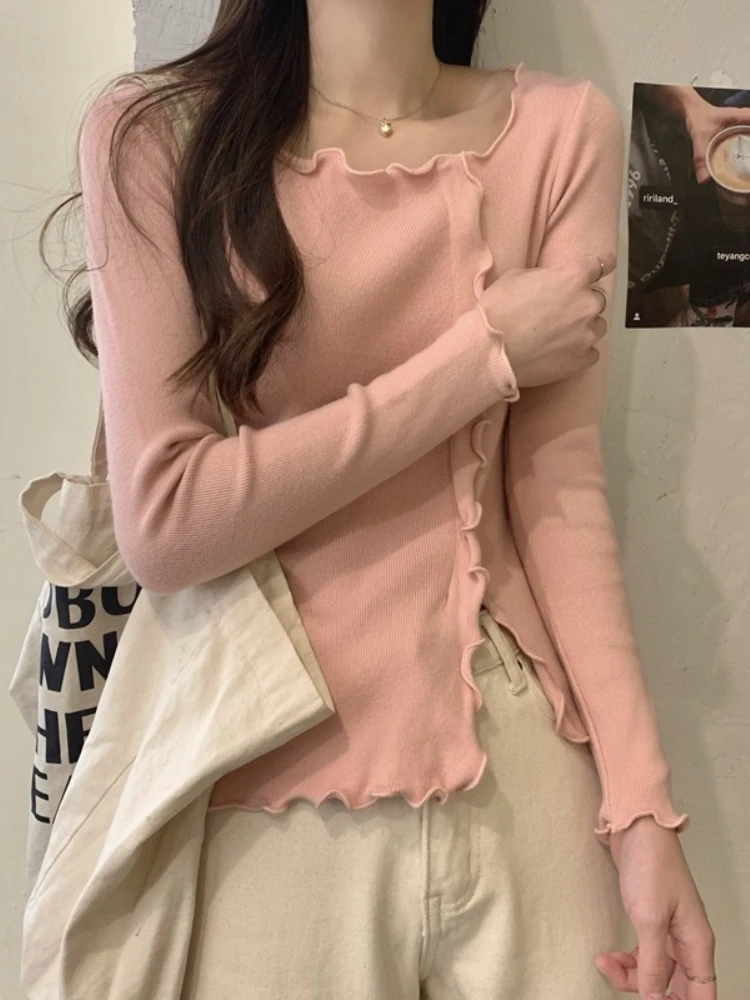 Casual Slim Ear Fungus Edge Long Sleeve Side Slit Pullover 2025 Autumn Winter Women Knitted Sweaters Femme Solid Tops Clothing