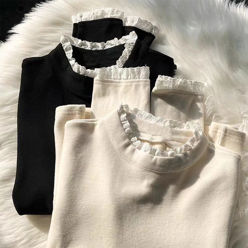 Lace Patchwork T Shirt Women Autumn Winter Long Sleeve O Neck Slim Fit Bottoming Tees Vintage Casual Solid Simple Female Tops