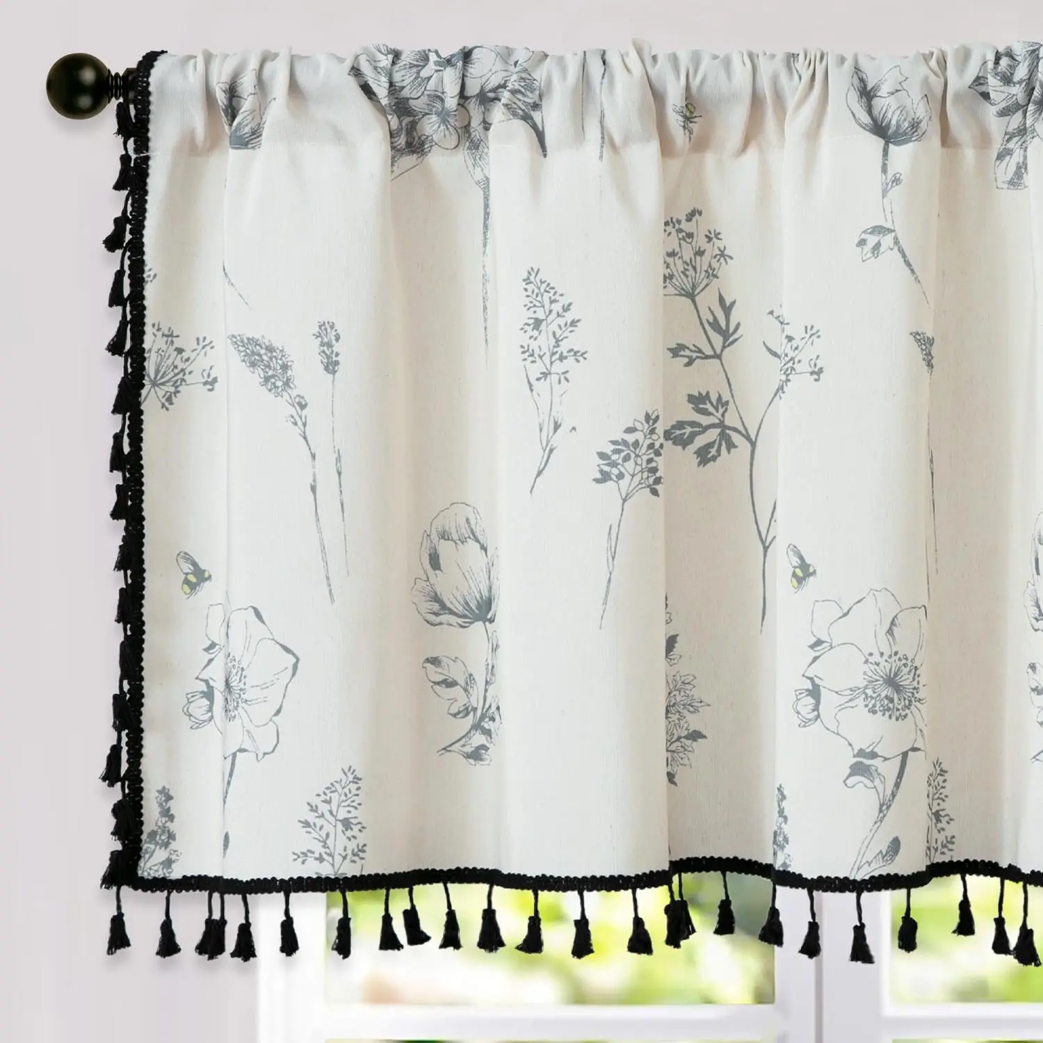 

Black Floral Farmhouse Curtains, Cotton Linen Boho Window Curtain with Tassel Rod Pocket Bedroom Macrame Drapes Flower Curtains