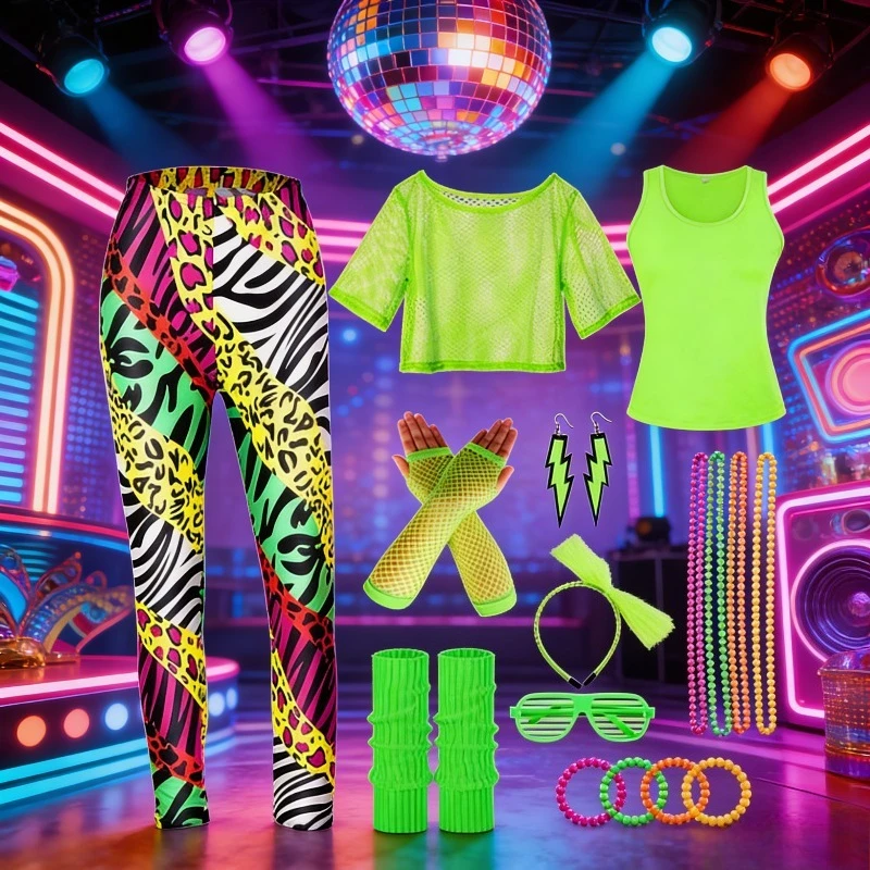 

Ретро-костюм для Хэллоуина 1980-х: сетчатая футболка, комплект для йоги и фитнеса, праздничное платье, карнавальный наряд