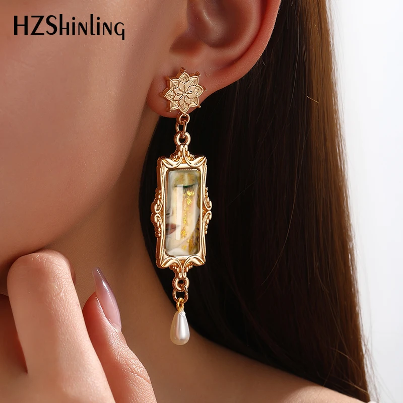 2024 New Gustav Klimt Art Drop Earring Golden Tears Retro Rectangular Earrings Golden Mandala Charm Glass Cabochon Jewelry