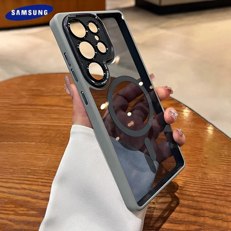 Luxus Magnetische Drahtlose Ladung Für Magsafe Fall Für Samsung Galaxy S25 Plus S24 Ultra Objektiv Schutz Stoßstange Transparente Abdeckung
