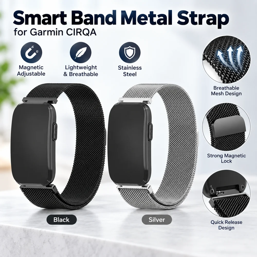 Pulseira de Metal de Substituição para Smart Band, Pulseira Magnética de Aço Inoxidável Ajustável para Monitor de Atividades Físicas Garmin CIRQA