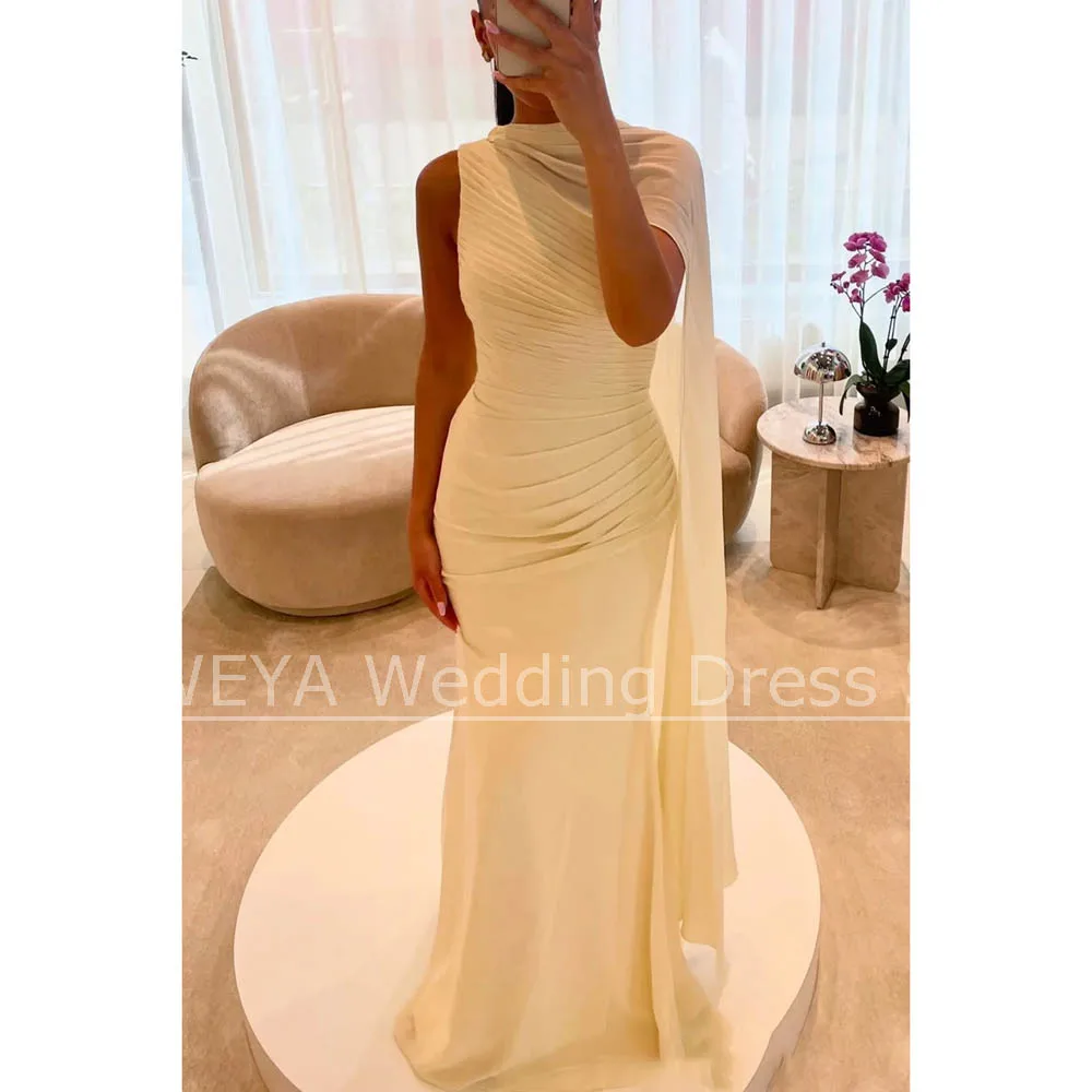 Light Yellow Chiffon Evening Dress Chic One-Shoulder Ruched Mermaid Party Gown Fashion Cape Sleeve Floor Length Pleat Prom Dress