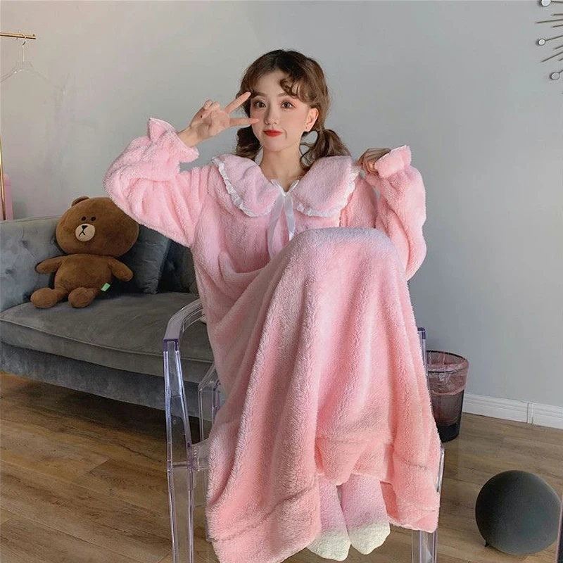 Autumn Winter Coral Velvet Woman Nightdress Female Sweet Lace Turn Down Collar Nightgown Comfortable Causal Home Clothing M-3XL