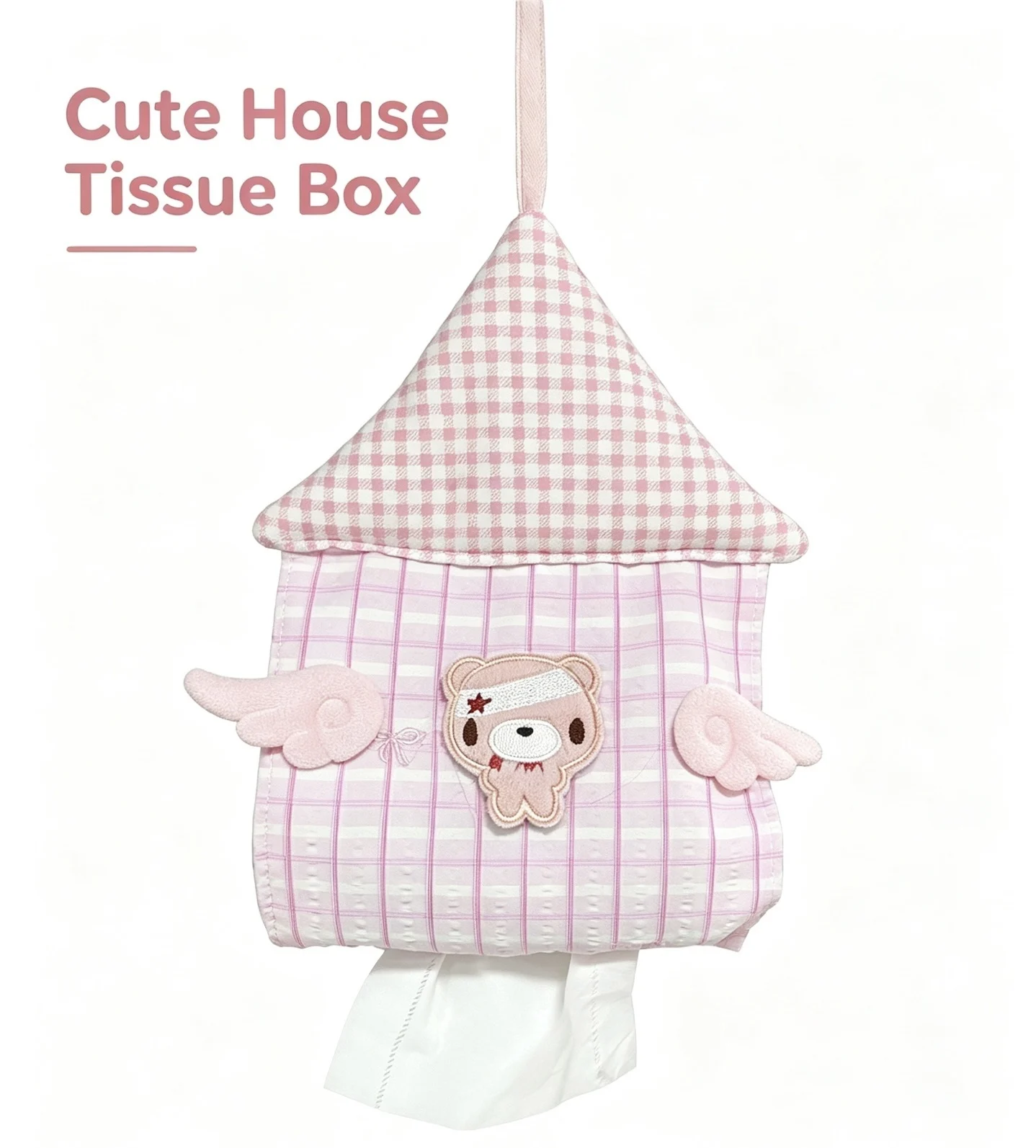 Hanging Tissue Holder Pink Checkered Fabric Bear Embroidery Wings Wall Car Napkin Storage Bag Home Bathroom