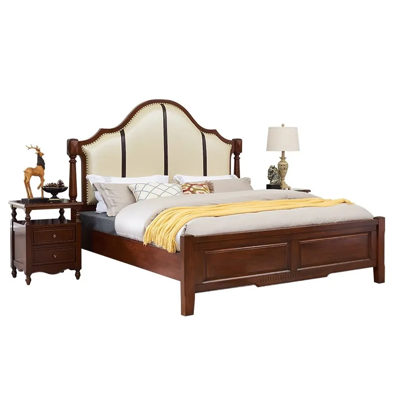 

American all solid wood bed high-end leather 1.8 meters double first layer cowhide log carved master widened