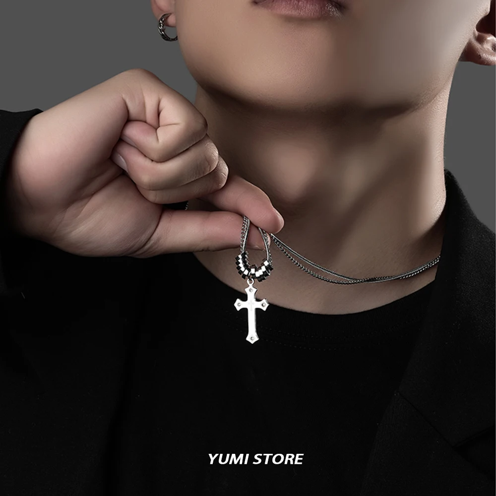 Titanium Steel Cross Double-layer Necklace For Man Woman Trend Sweater Chain Pendant Necklace Charm Jewelry Unisex Accessories