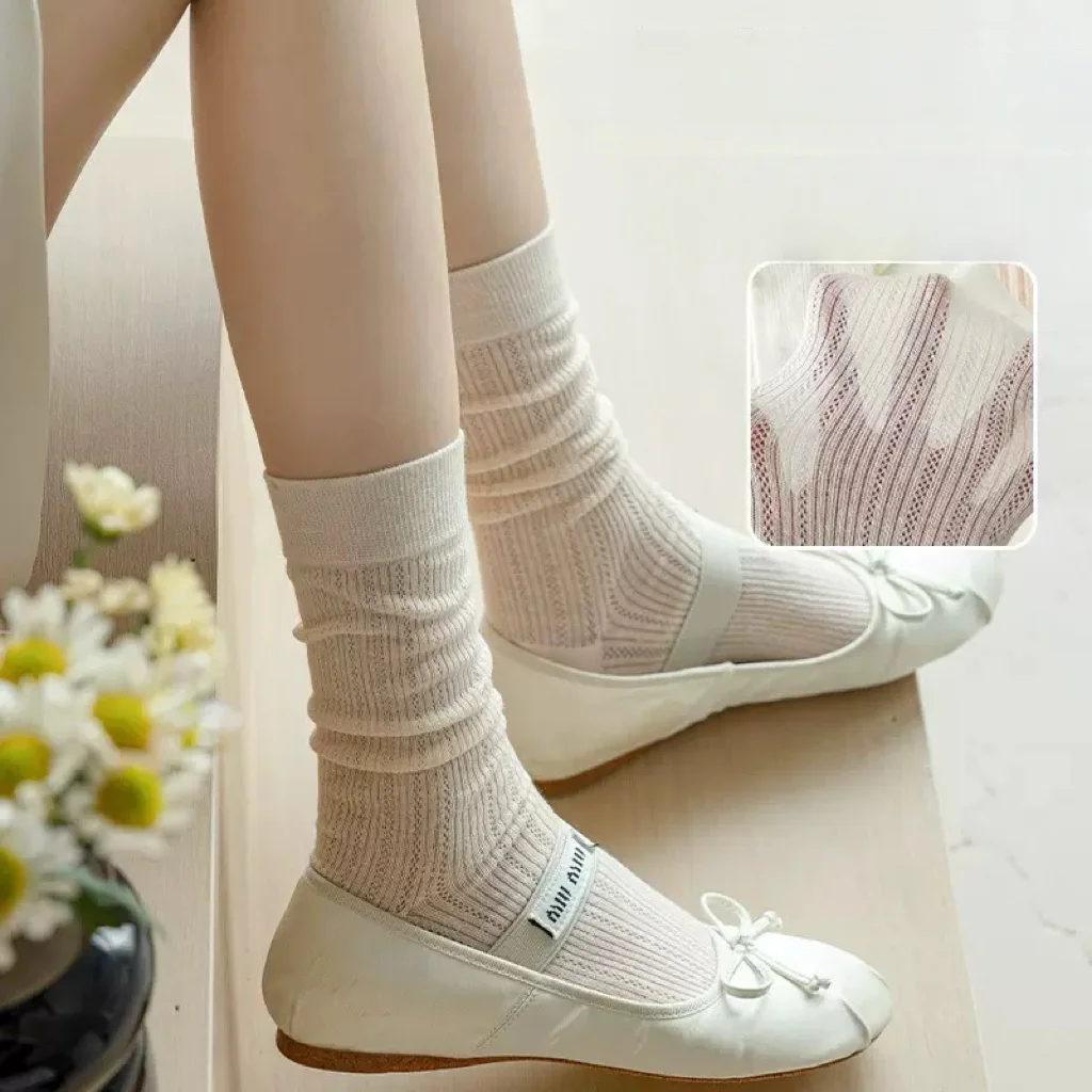 1Pair Women Thin Hollow Out Long Loose Socks JK Lolita Sweet Girls Japanese Solid Color Breathable Cotton Spring Summer Stocking image 2