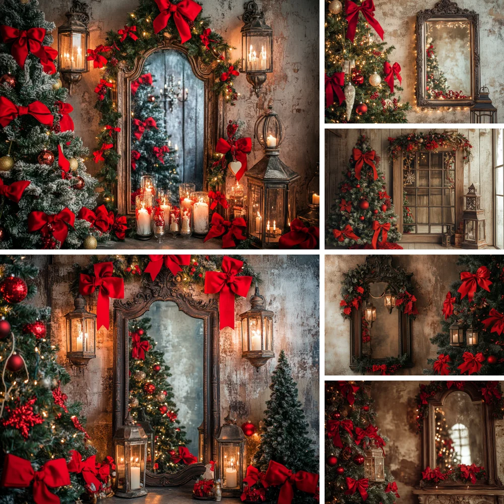 

Winter Christmas Photography Backgrounds Red bow Gorgeous Door Xmas Tree Holiday Party Adults Children Photo Backdrops Studio