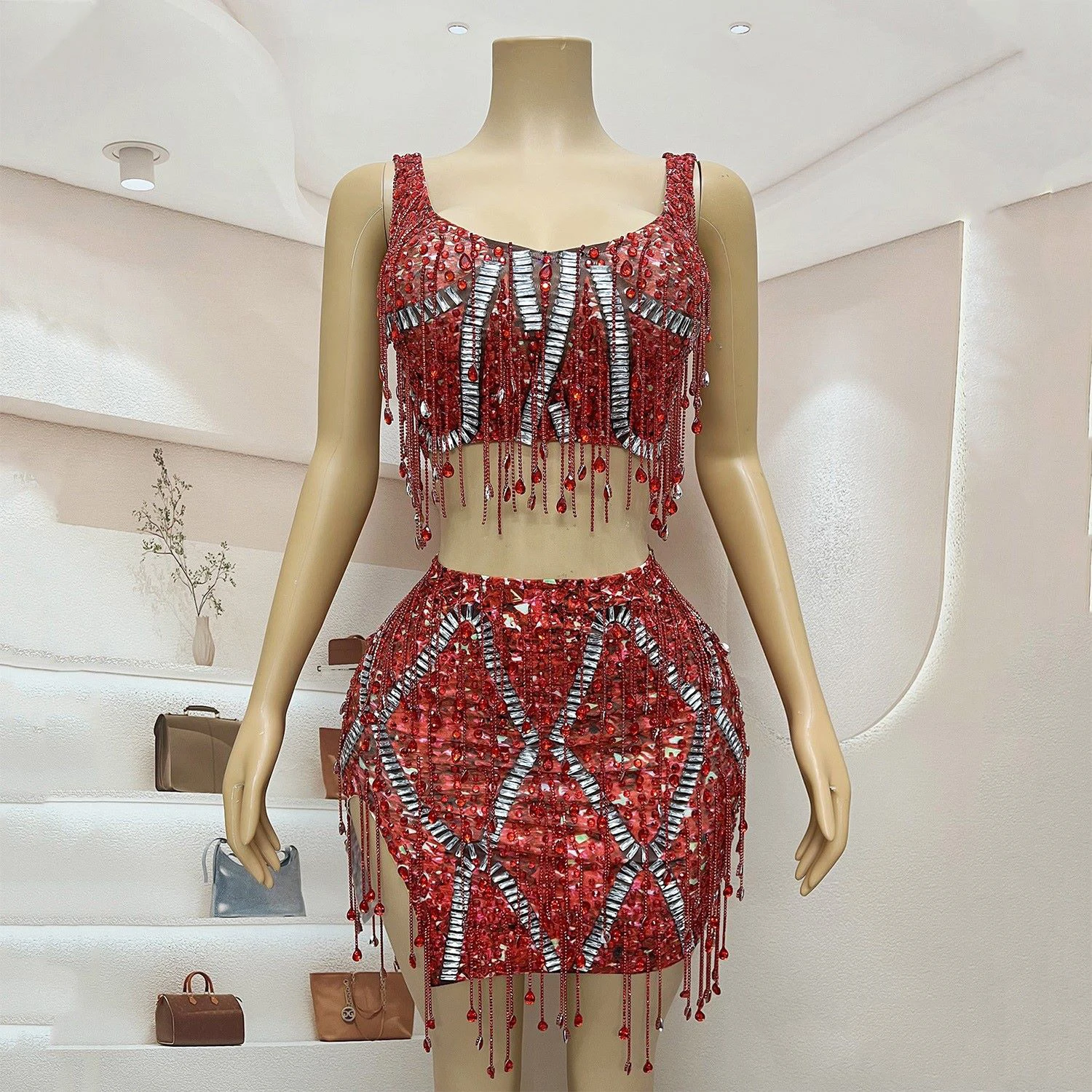 2025 sexy vermelho borlas diamante vestido boate dj bar dança cantor equipe festa feminino gogo dançarino drag queen palco traje dn21604