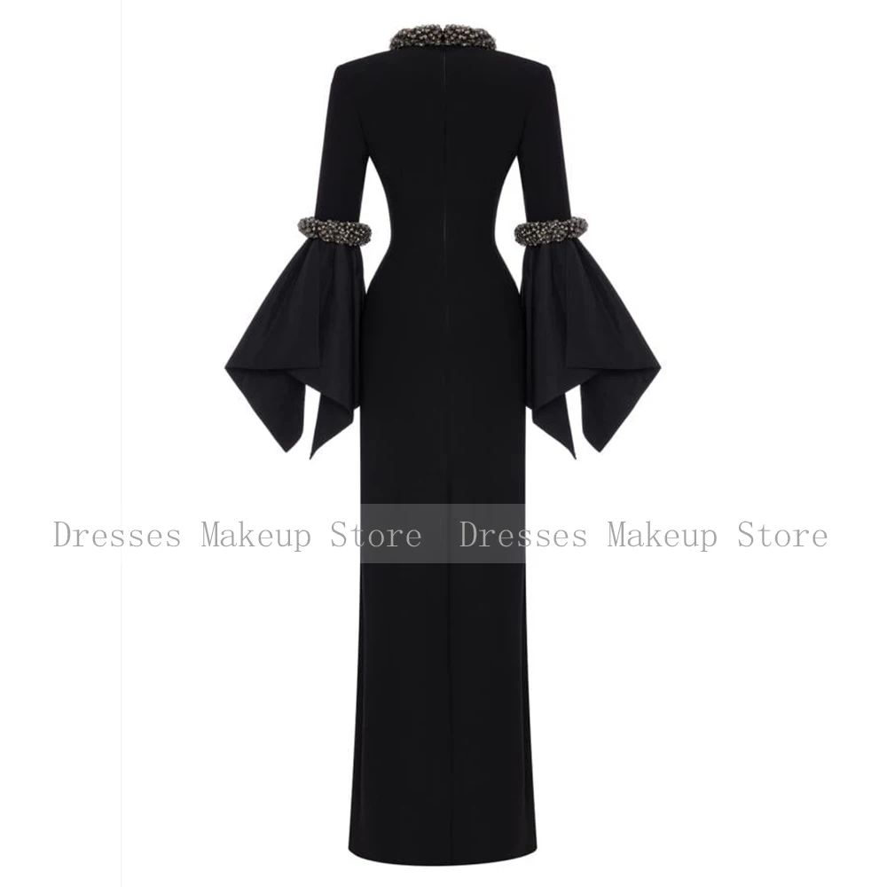 Black Evening Dress Long Sleeves Beading High Collar Modern Evening Gowns for Women 2025 Floor Length Column Formal Party Dress image 2