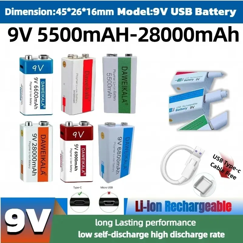 

Hot 9V Rechargeable Li-ion Battery 5500mAh-28000mAh USB Charging for Microphone/Smoke Detector/Guitar Pedal/Radio Long-Lasting