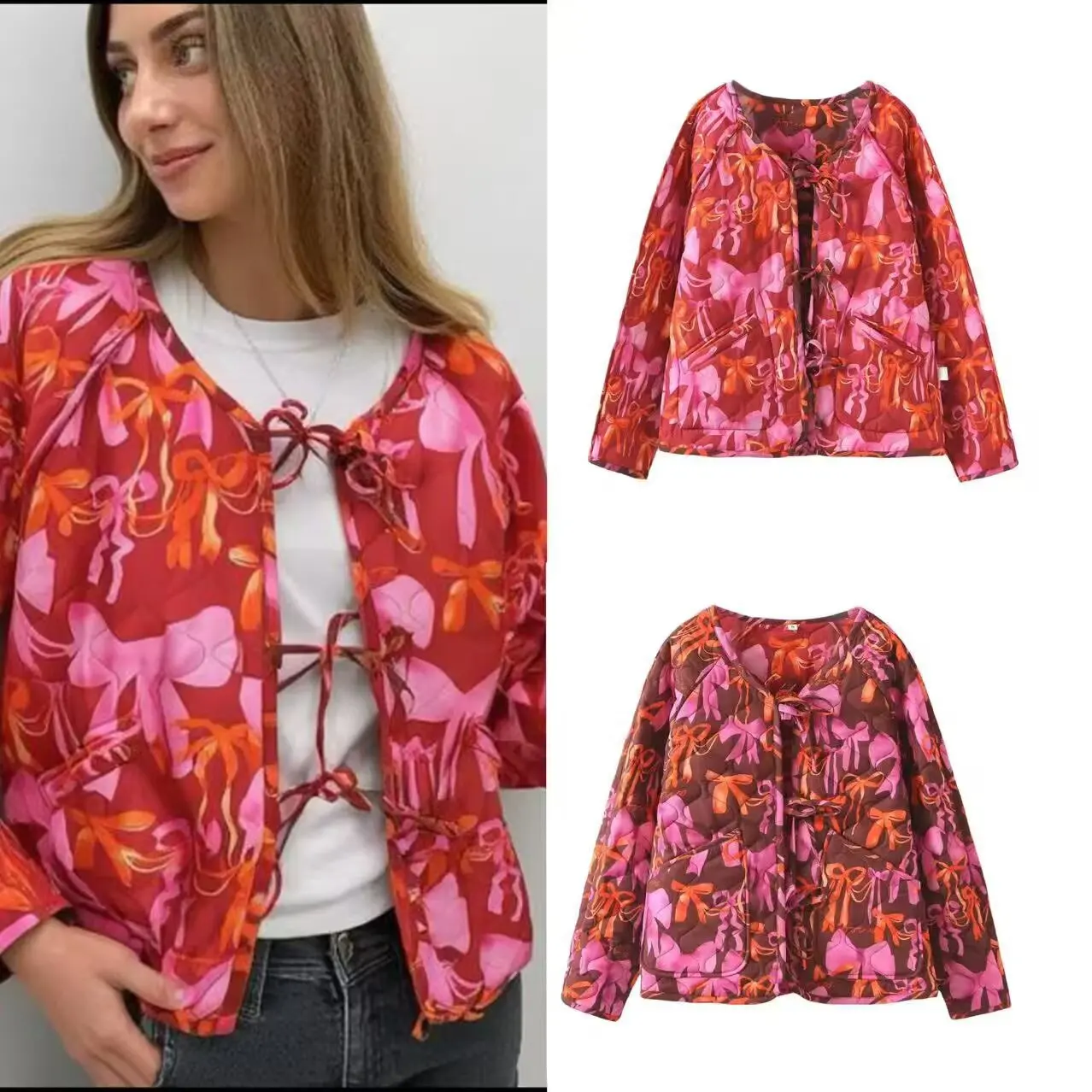 

Women Long Sleeved Double Sided Coat Lace Up COAT Winter Autumn Warm Bow Print Cotton Jacket Bread Women Jacket Overcoat