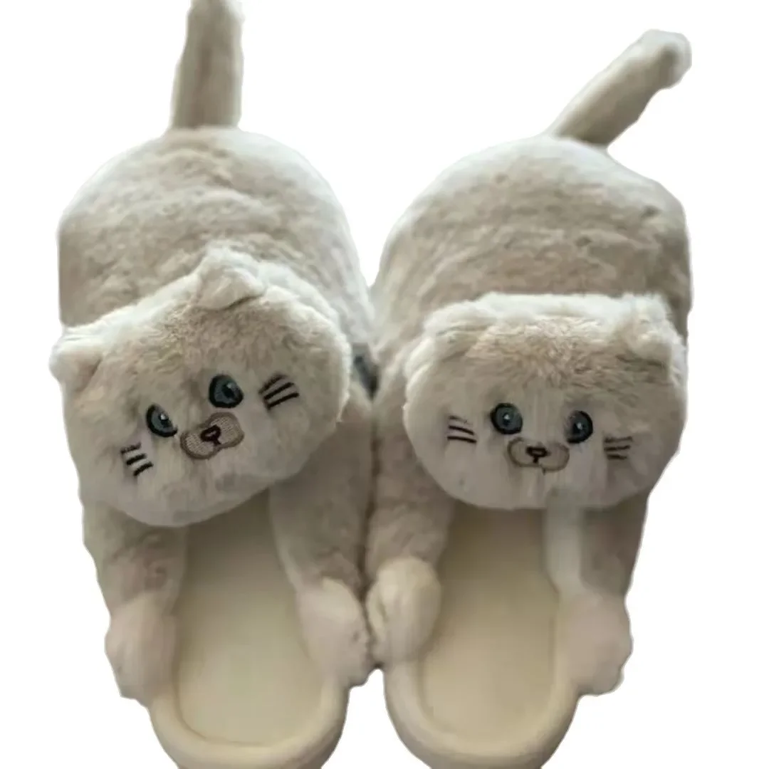 Cuddly Hug Cat Slippers Women Men Winter Home Slides Floor Shoes Furry Slippers Girl White Mules Funny Cute Gift Slippers