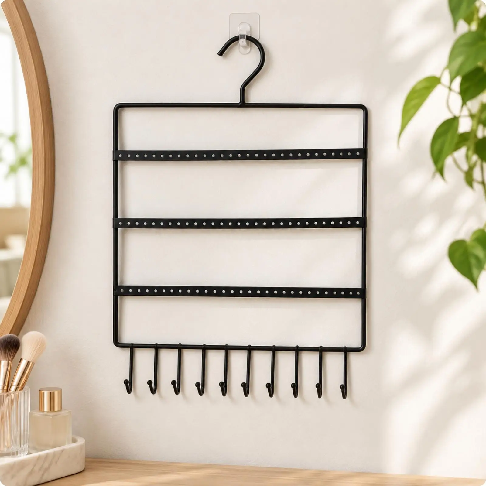 Wall Mounted Jewelry Holder Metal Wire Organizer with Hanging Hooks for Necklace Earring Bracelet Storage Bedroom Entryway