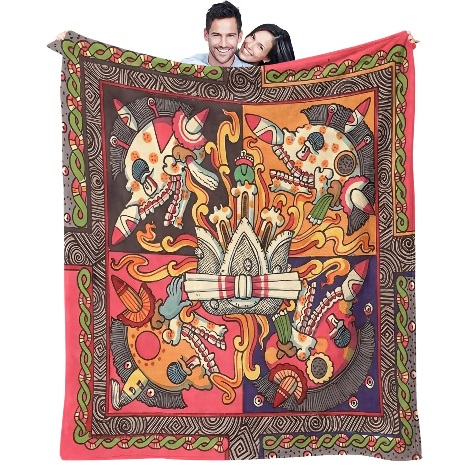 Mexican Aztec Tribal Skull Graffiti Art Flannel Throw Blanket Vintage Warm Cozy Nap Sofa Bed Travel Camping Ethnic Boho Blanket