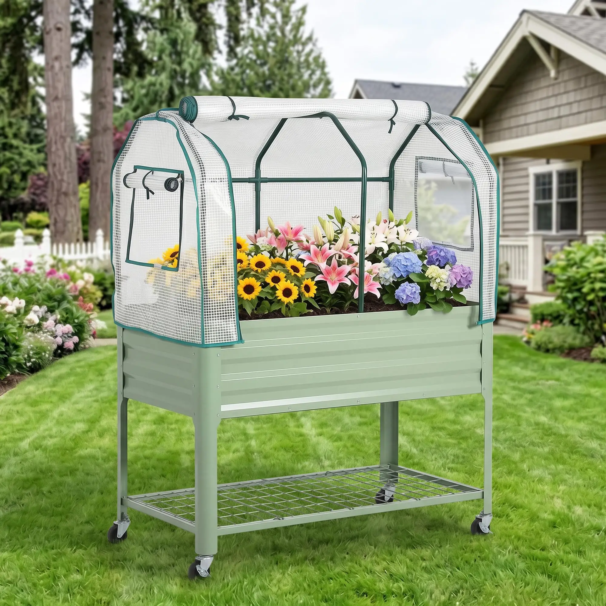 Galvanized Steel Raised Flower Bed, Mobile Raised Garden Bed with Greenhouse Cover, Metal Planter Box on Wheels