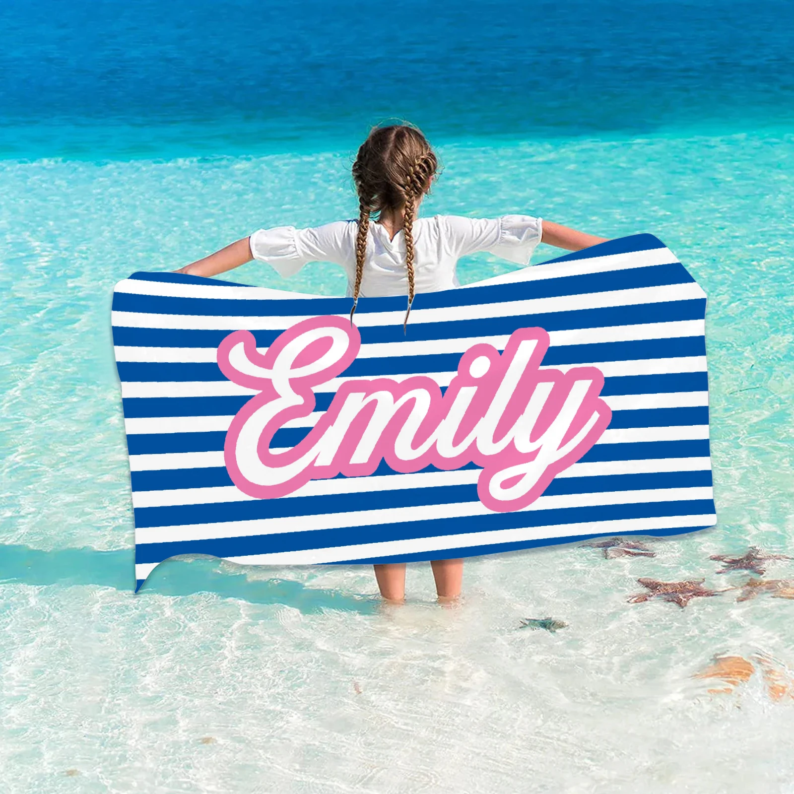 Personalized Name Beach Towel Navy Blue Stripes For Women Men And Kids Quick Drying All Sizes Custom Name Personalized Gifts
