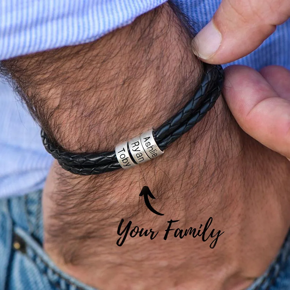 Personalized Mens Leather Bracelet with Beads Bracelets for Men Custom Name Engraved Bracelet for Family With Black Gift Box