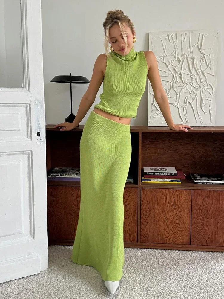 

Elegant lime Color Ins Women's Two Piece Summer Sexy Knit Sleeveless High Neck Top Long Skirt Sets Beach Swimsuit Cover Up A2863