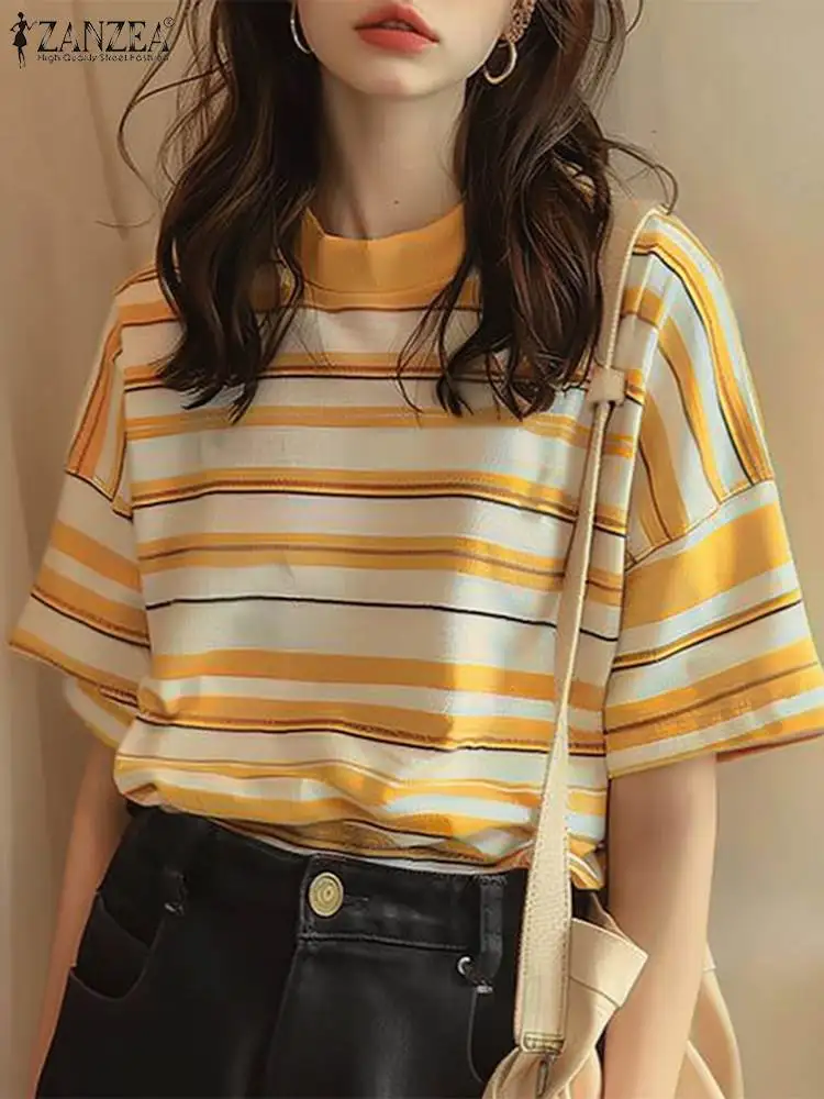 ZANZEA 2024 Fashion Round Neck Blouse Harajuku Women Loose T-shirt Korean Stripes Baggy Tops Daily Casual Summer Tunic Oversized