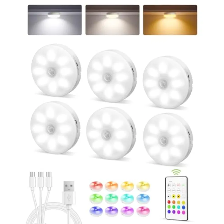 6-Pack RGB Under Cabinet Lights with Remote, Rechargeable Motion Sensor Puck Lights, 3 Color Temps, 12 RGB Colors, Dimmable, Ma