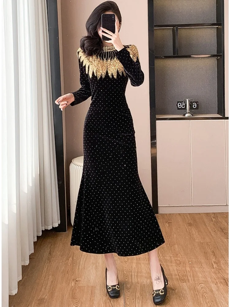 High-End Long Sleeve Stand Collar Sparkle Sequin Rhinestone Prom Dress Women's Stretch Velvet Mermaid Evening Night Party Gown