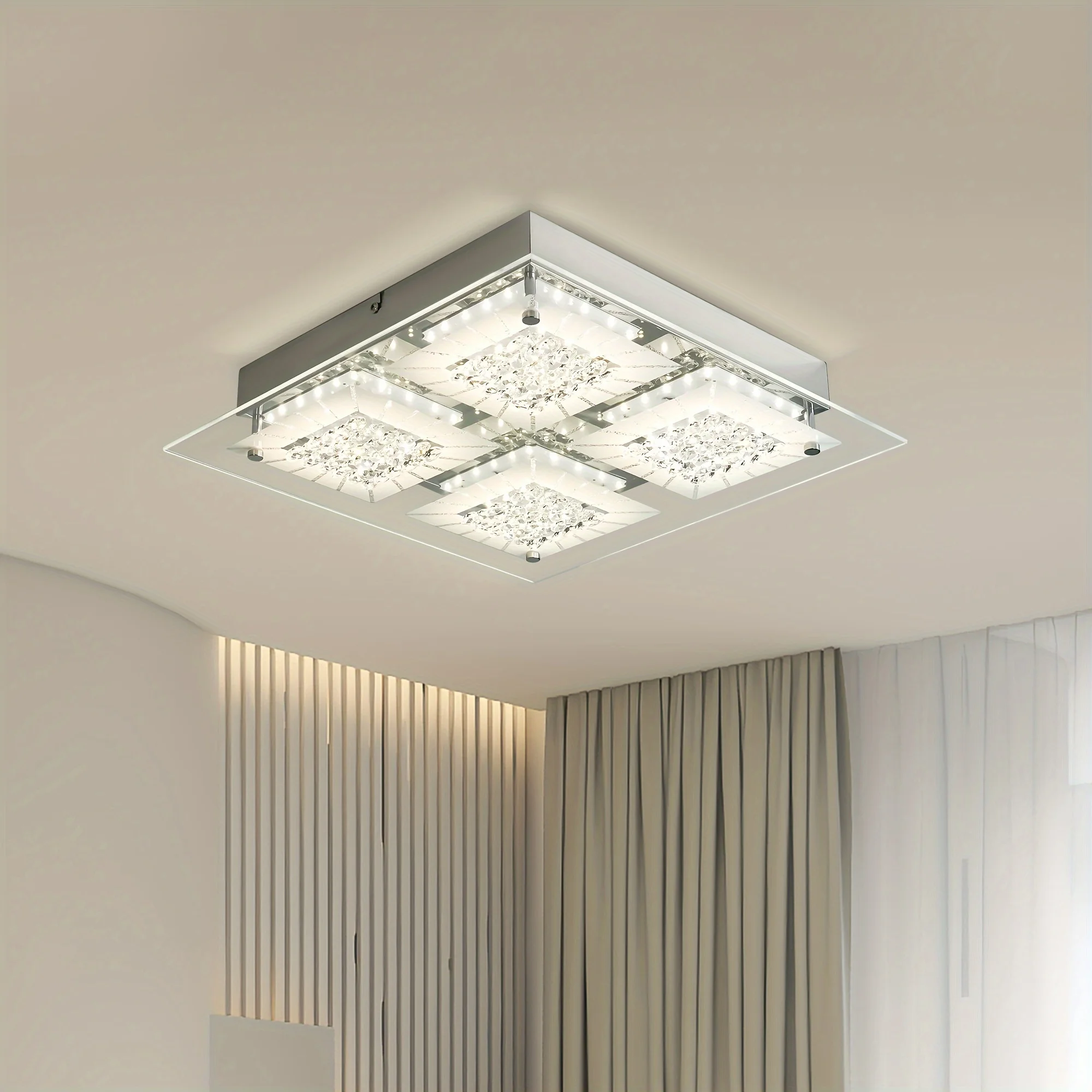 โคมไฟเพดานคริสตัลฟลัชเมาท์ 14 นิ้ว โคมไฟเพดานคริสตัล โคมไฟคริสตัลสี่เหลี่ยม โคมไฟคริสตัลติดเพดาน