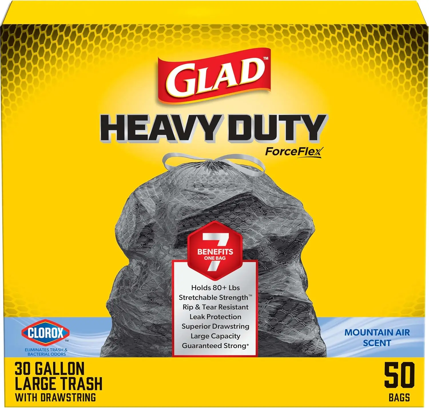 

Heavy Duty Trash Bags, 30 Gallon 50 Count, Scented with Fresh Air, Drawstring Closure