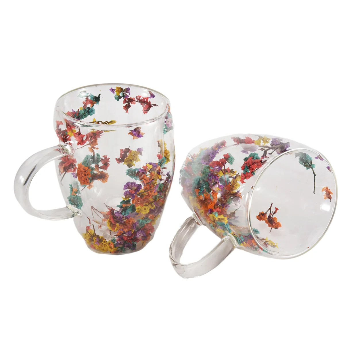 

A77I 2PCS Fillings Dry Flowers Double Wall Glass Cup with Handle Heat Hot Cold Beverage Tea Coffee Insulated Mug