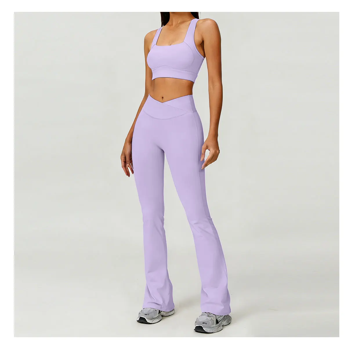 Women Outdoor Fitness Yoga Two Piece Set Nude-feeling High Shockproof Sports Bra High Waist Flared Pants For Running Pilates