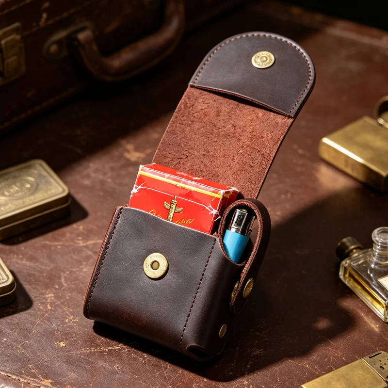 Crazy Horse Leather Small Belt Waist Cigarette&Lighter Bag Vintage Mini Wallet Card Cover Change Purse Key Organizer Case