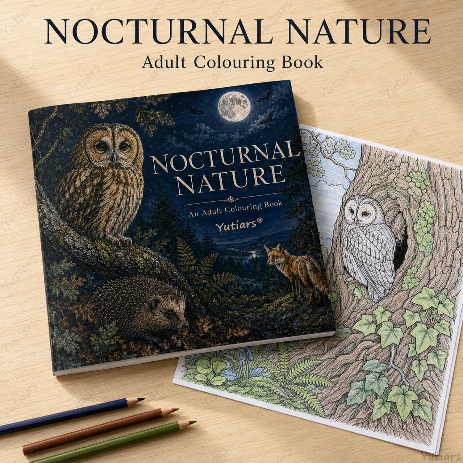 Adult Coloring Book Nocturnal Nature, Detailed Owl Fox Hedgehog Wildlife Illustrations, Single-Sided Pages for Stress Relief