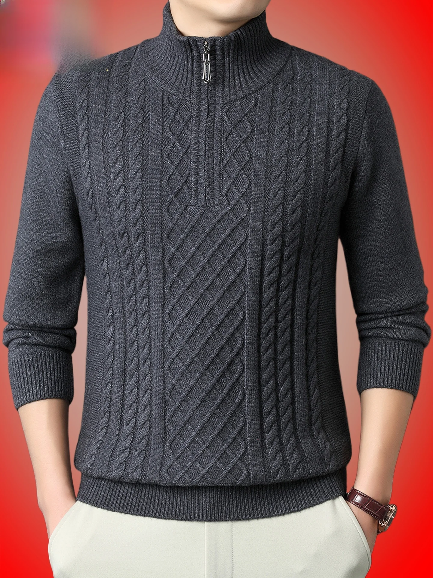 

Мужской шерстяной свитер премиум-класса с высоким воротником на молнии, теплый, зимний, модный, повседневный, с длинным рукавом, для мужчин