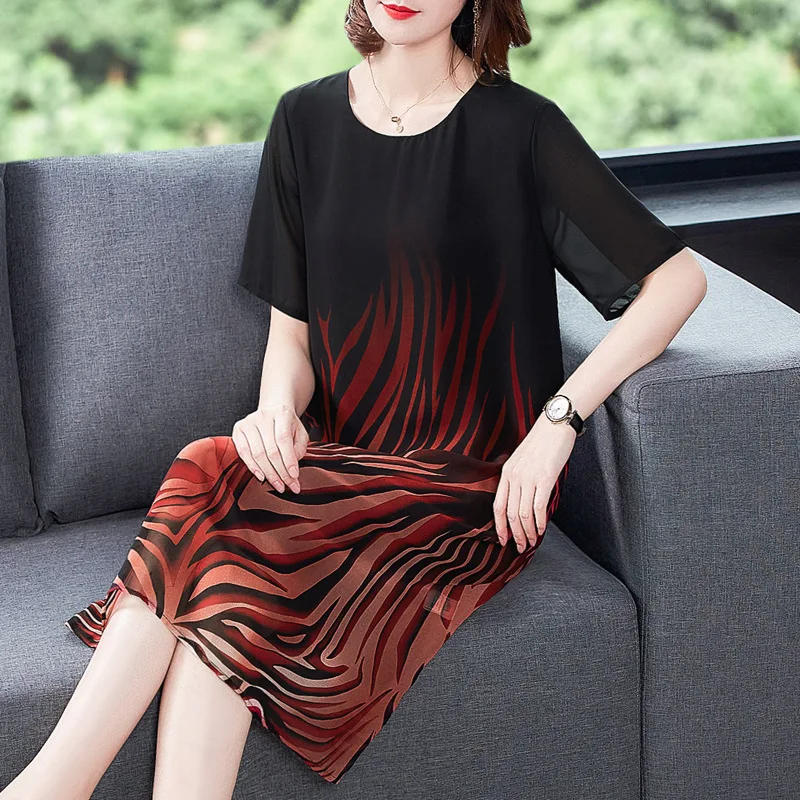 2023 office lady 3D Printing short Sleeve Summer Women's Clothing Round neck loose A-line Net yarn casual Mid-Calf dresses