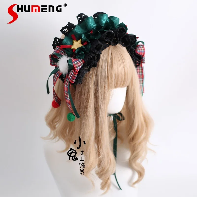 

Original Christmas Hair Accessories Lolita Japanese Sweet Cute Hat Lolita Small Red And Green Cute Fluffy Ball Headband Hairband