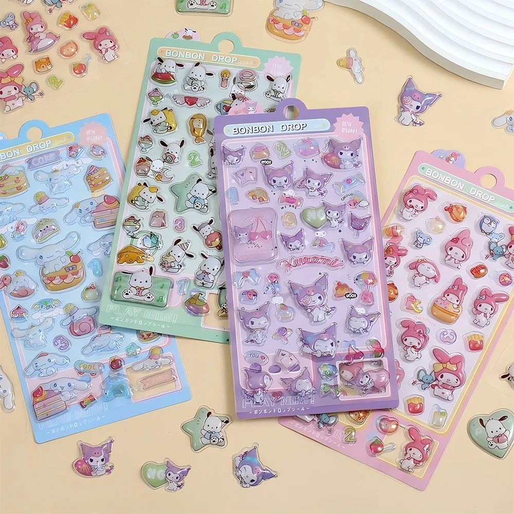1 Uds. Pegatinas de burbujas 3D creativas Sanrio, pegatinas de dibujos animados con melodía Kuromi, pegatina de gota de caramelo para ordenador portátil, álbum de recortes, calcomanías para teléfono, juguete para niños