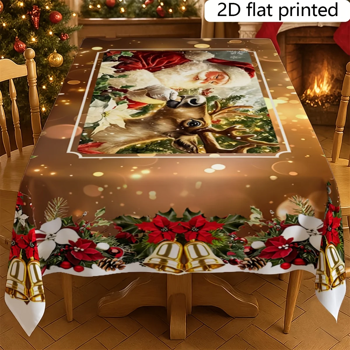 Christmas pattern printed tablecloth, vintage Christmas tablecloth, Santa Claus and reindeer design